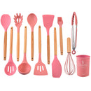 Silicone Kitchen Utensils Set Cookware High Temperature Resistant Non-Stick Wooden Handle Silicone Baking Tool With Storage Box