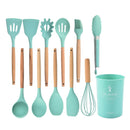 Silicone Kitchen Utensils Set Cookware High Temperature Resistant Non-Stick Wooden Handle Silicone Baking Tool With Storage Box