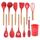 Silicone Kitchen Utensils Set Cookware High Temperature Resistant Non-Stick Wooden Handle Silicone Baking Tool With Storage Box