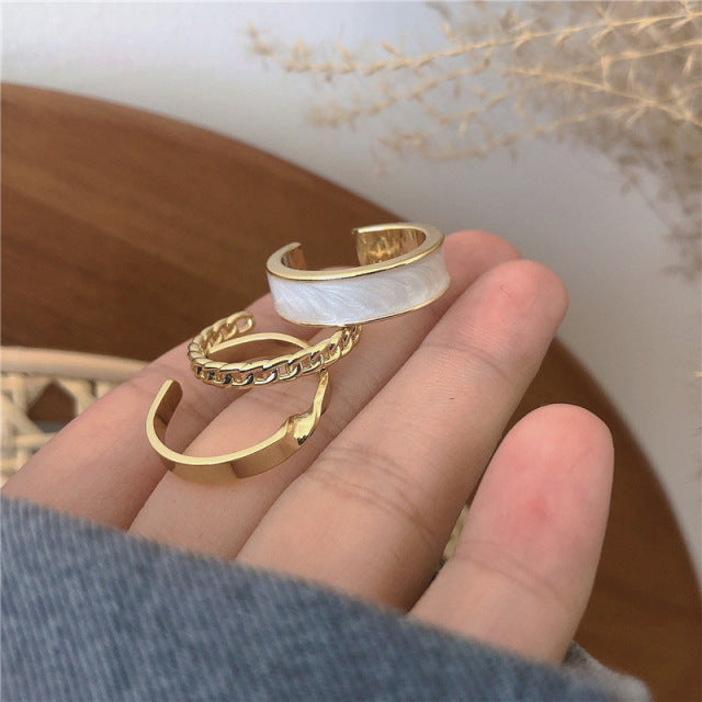 3pcs/set Bohemian White Enamel Round Metal Ring Sets Geometric Twist Open Adjustable Rings Sets for Women Girl Wedding Jewelry