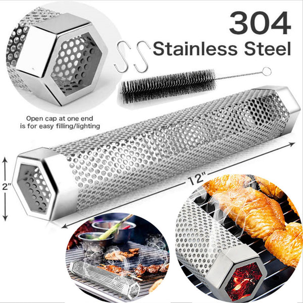 12 Inches Hexagon BBQ Grill Outdoor Camping Smoking Mesh Tube Smoke Generator Stainless Barbecue Pellet Smoker Kitchen Utensils
