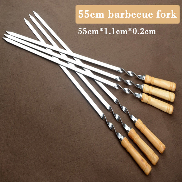 5/6pcs 55cm BBQ Skewers Long Handle Shish Kebab Barbecue Grill Sticks Wood BBQ Fork Stainless steel Outdoor Grill Needle Bags